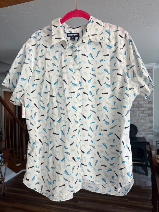 Lands' End Tops - Lands' End White Short-Sleeve Button-Up Shirt with Blue Whale Print